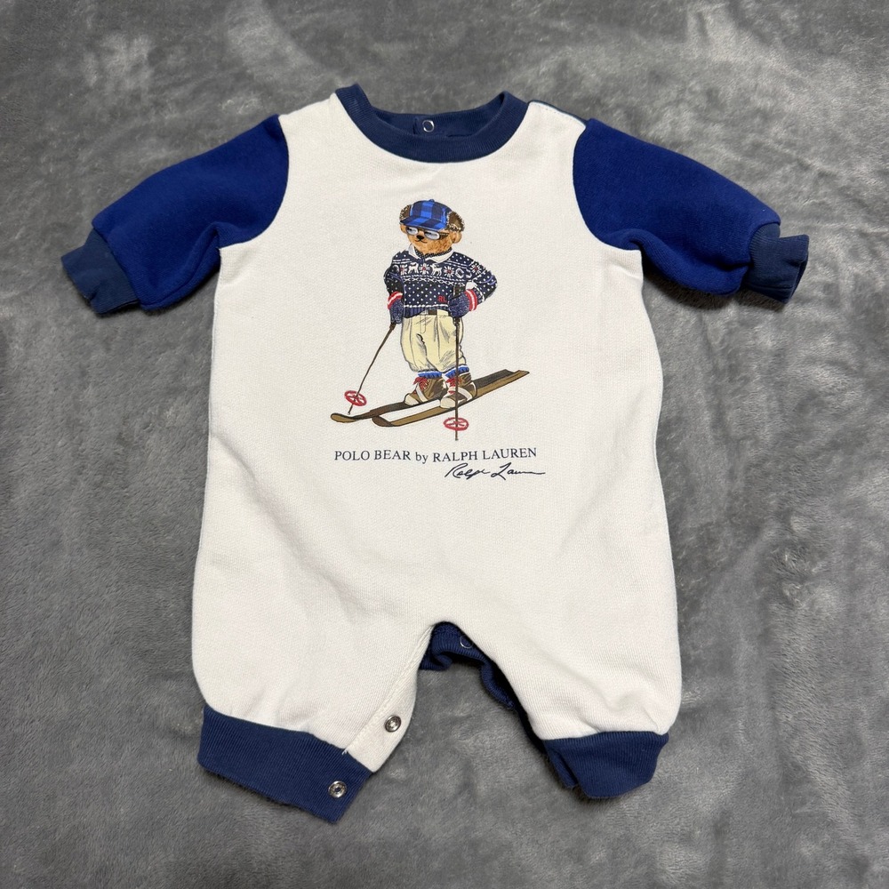 Polo Ralph Lauren NB Polo Bear Skiing Fleece Coverall Romper Blue White